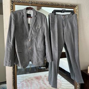 Men's Zara Basics 2 Piece Gray Linen Suit Jacket 40 US Tapered Pants 40 US